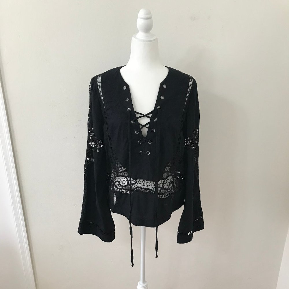 Free People Black Long Sleeve Lace Top